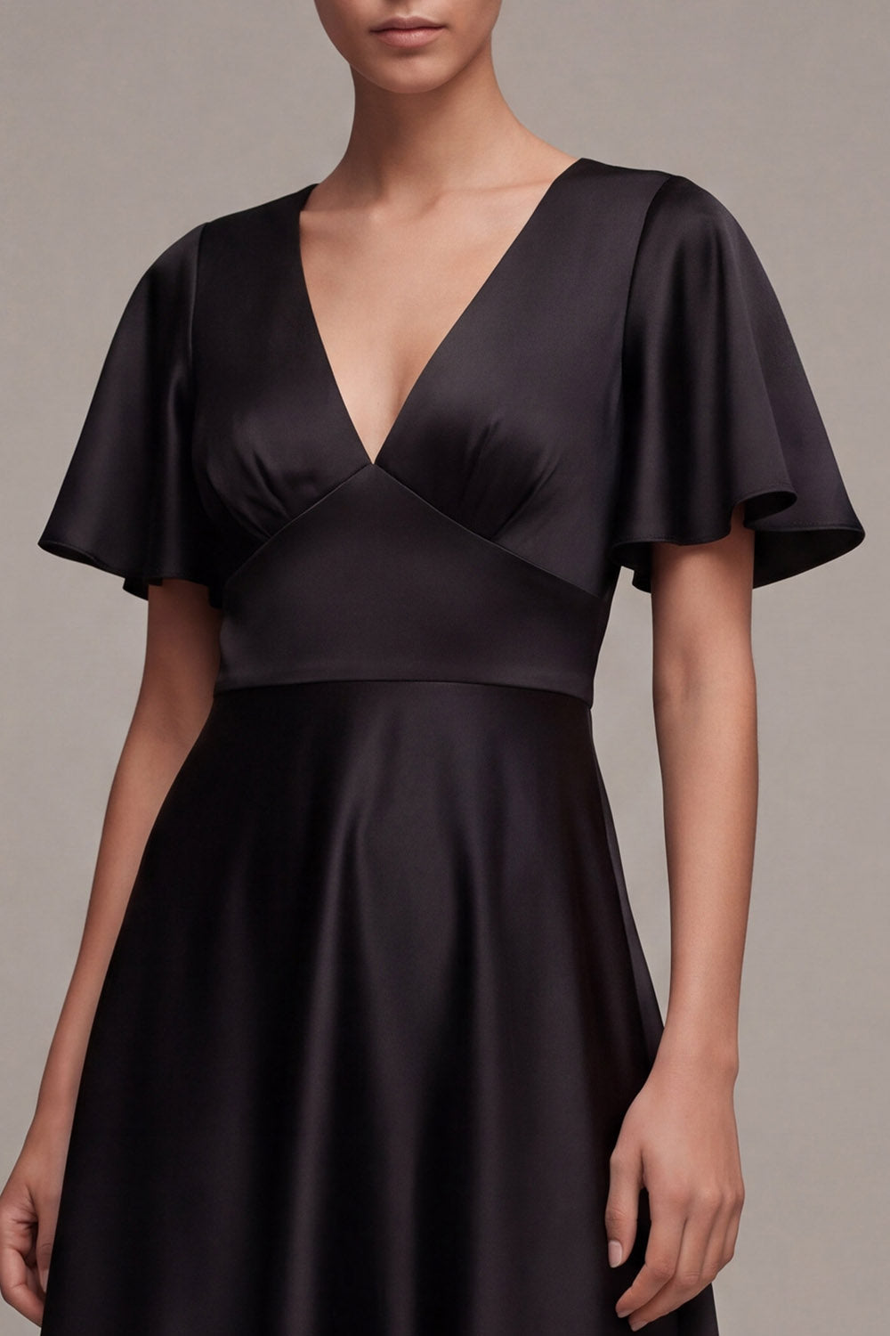 Black A Line Satin Short Sleeve Midi Dress