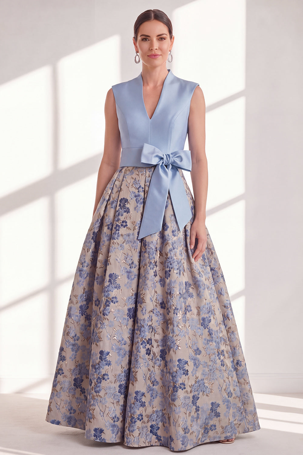 Blue Floral A Line Pleated Maxi Mother of the Bride Dress with Bow