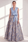 Blue Floral A Line Pleated Maxi Mother of the Bride Dress with Bow