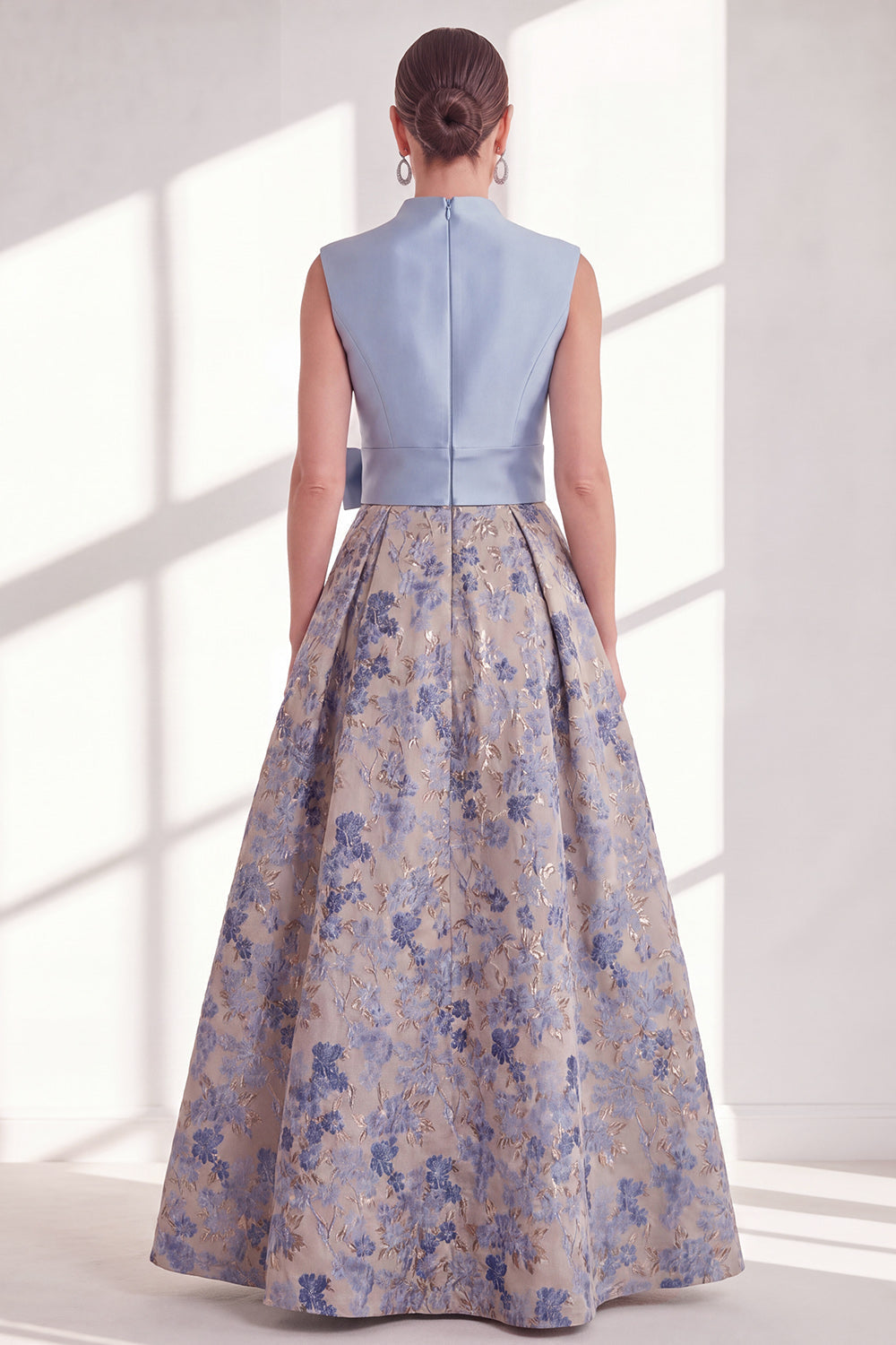 Blue Floral A Line Pleated Maxi Mother of the Bride Dress with Bow
