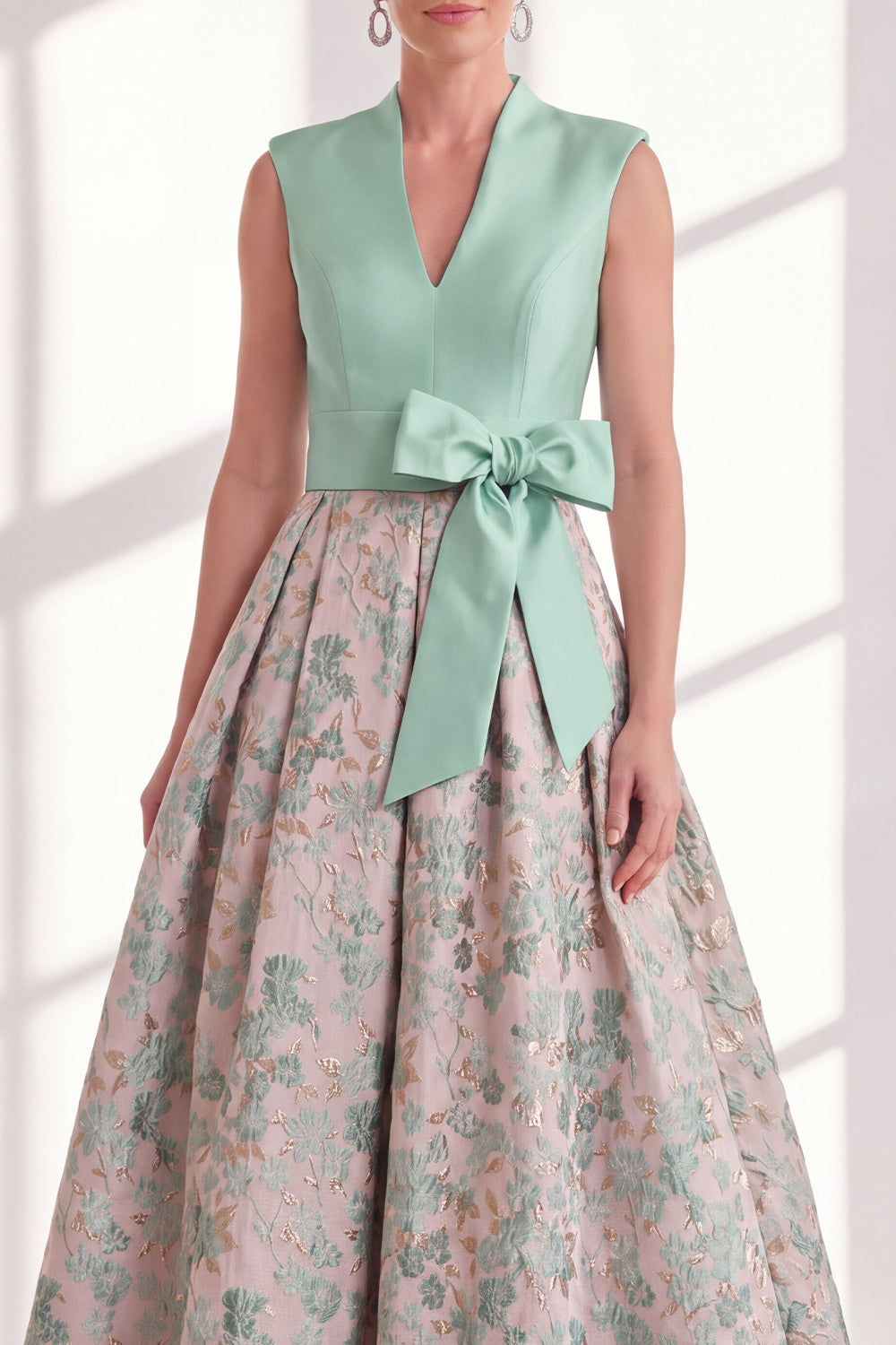 Blue Floral A Line Pleated Maxi Mother of the Bride Dress with Bow