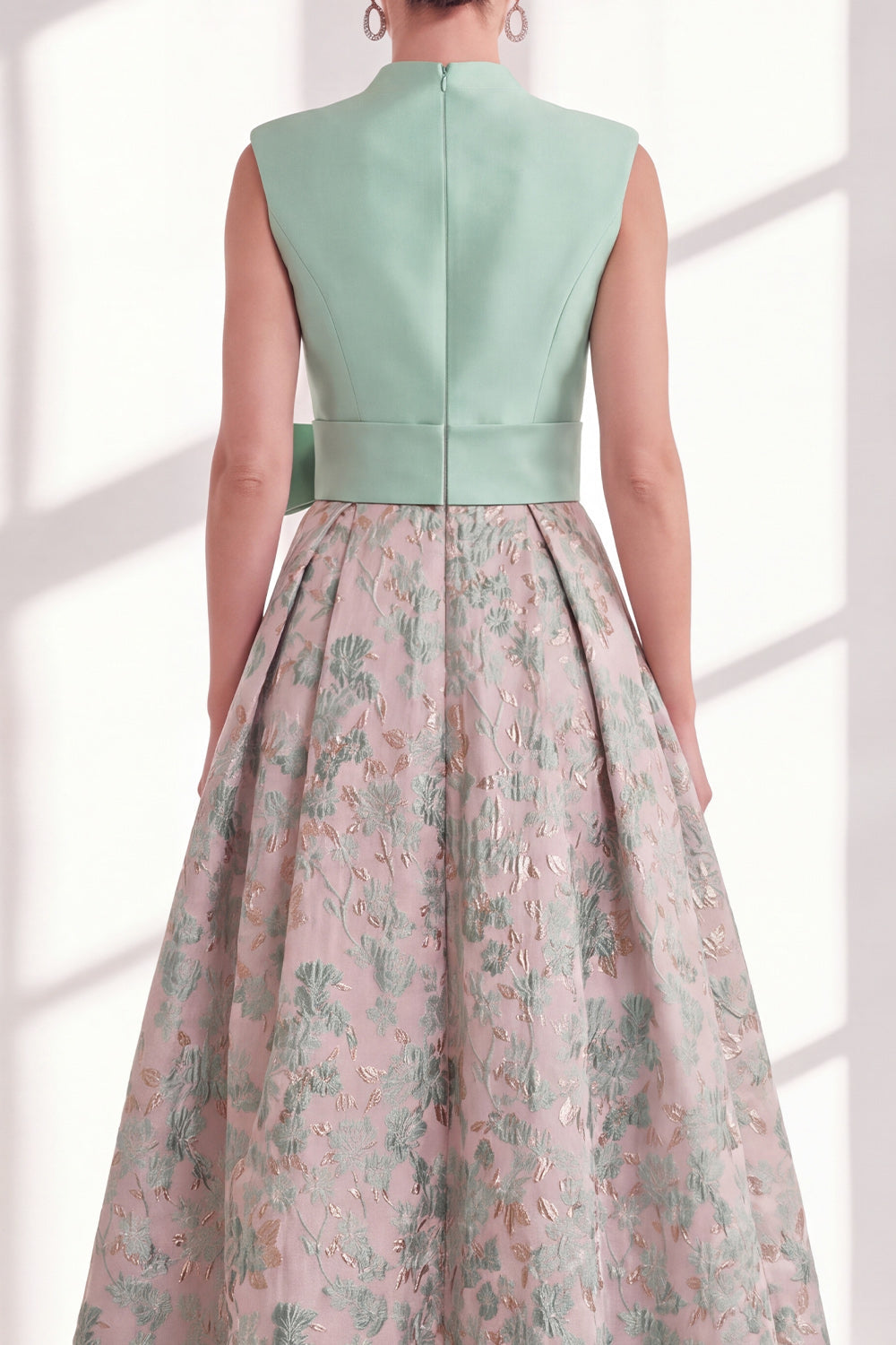 Blue Floral A Line Pleated Maxi Mother of the Bride Dress with Bow