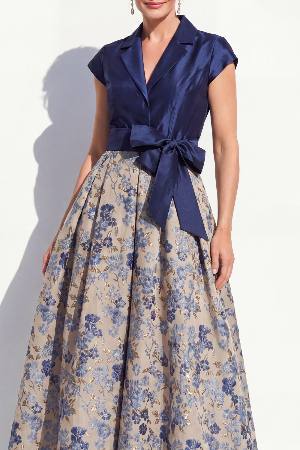 Navy Floral Notched Lapel A Line Mother of the Bride Dress with Bow