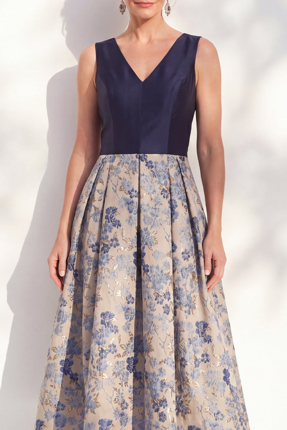 Jacquard Navy Floral A Line Pleated Mother of the Bride Dress