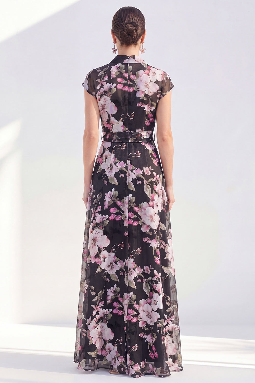 Black Floral A Line Maxi Mother of the Bride Dress with Sash