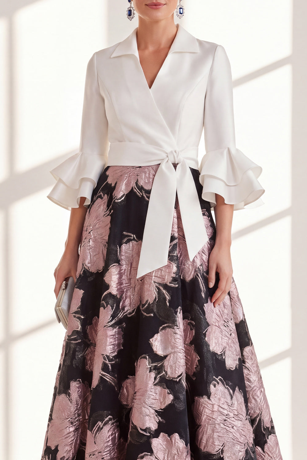 Pink Floral A Line Ruffled Maxi Mother of the Bride Dress with Sash