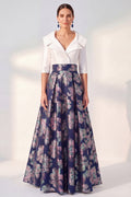 Jacquard Navy Floral Notched Lapel A Line Maxi Mother of the Bride Dress
