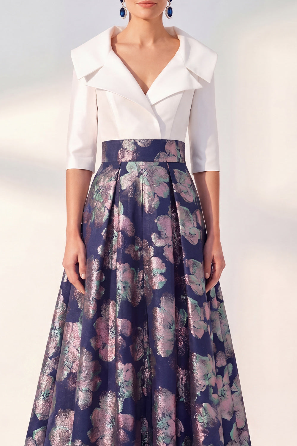 Jacquard Navy Floral Notched Lapel A Line Maxi Mother of the Bride Dress
