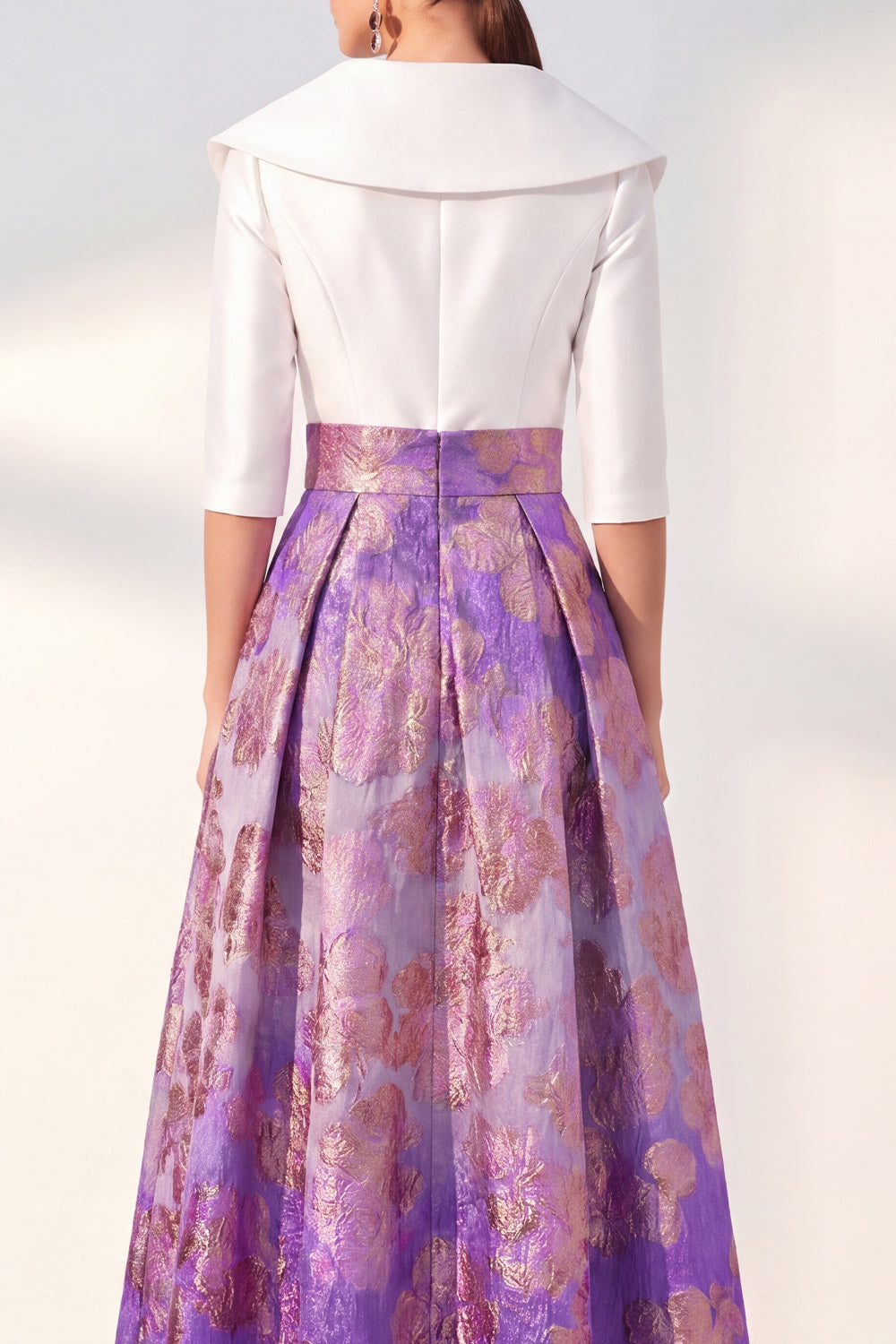 Jacquard Navy Floral Notched Lapel A Line Maxi Mother of the Bride Dress