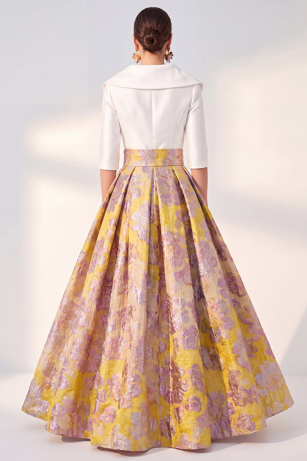 Jacquard Navy Floral Notched Lapel A Line Maxi Mother of the Bride Dress