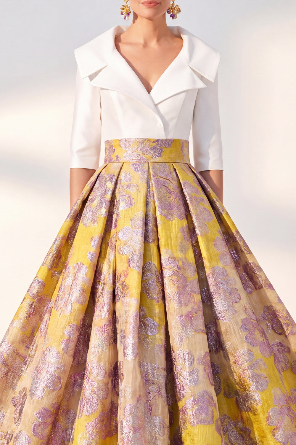 Jacquard Navy Floral Notched Lapel A Line Maxi Mother of the Bride Dress