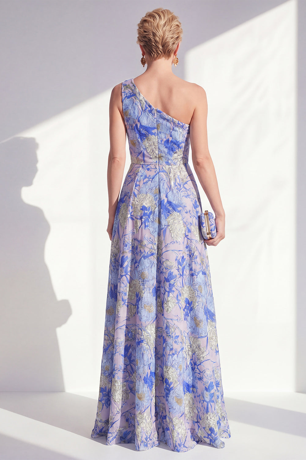 One Shoulder Blue Floral A Line Ruffled Mother of the Bride Dress