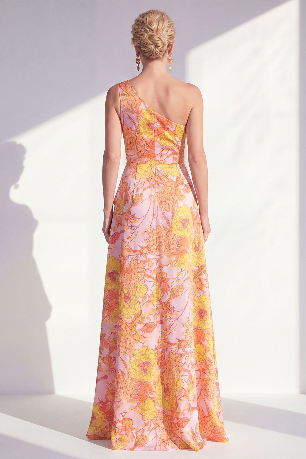 One Shoulder Blue Floral A Line Ruffled Mother of the Bride Dress