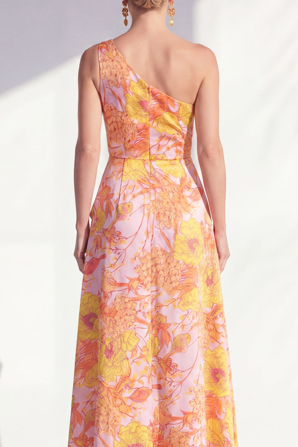 One Shoulder Blue Floral A Line Ruffled Mother of the Bride Dress