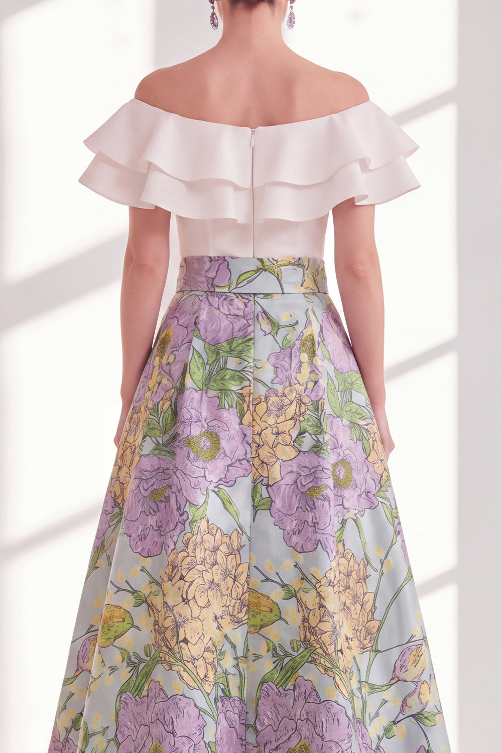 Off the Shoulder Ruffled Floral Purple A Line Mother of the Bride Dress