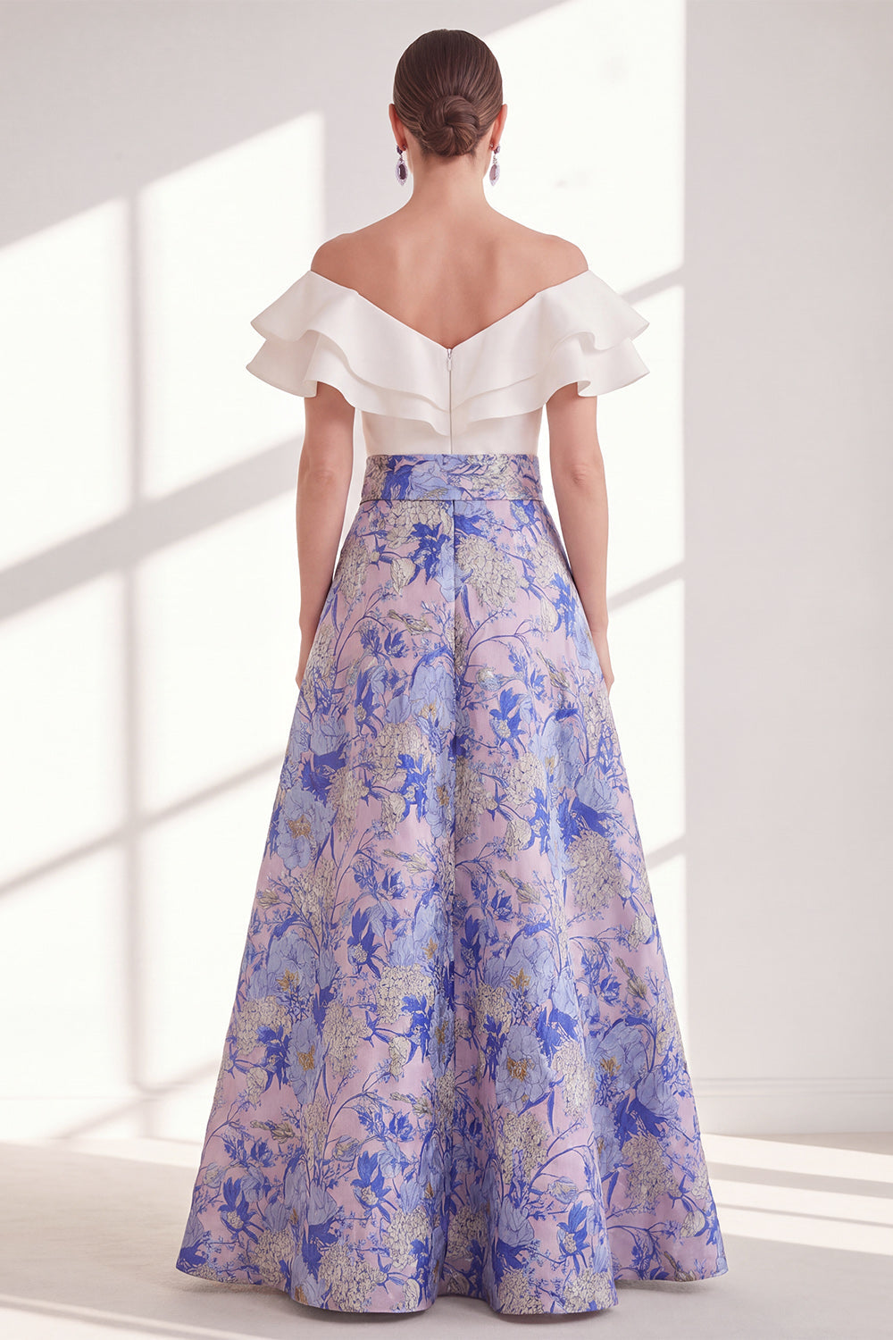 Off the Shoulder Ruffled Floral Purple A Line Mother of the Bride Dress