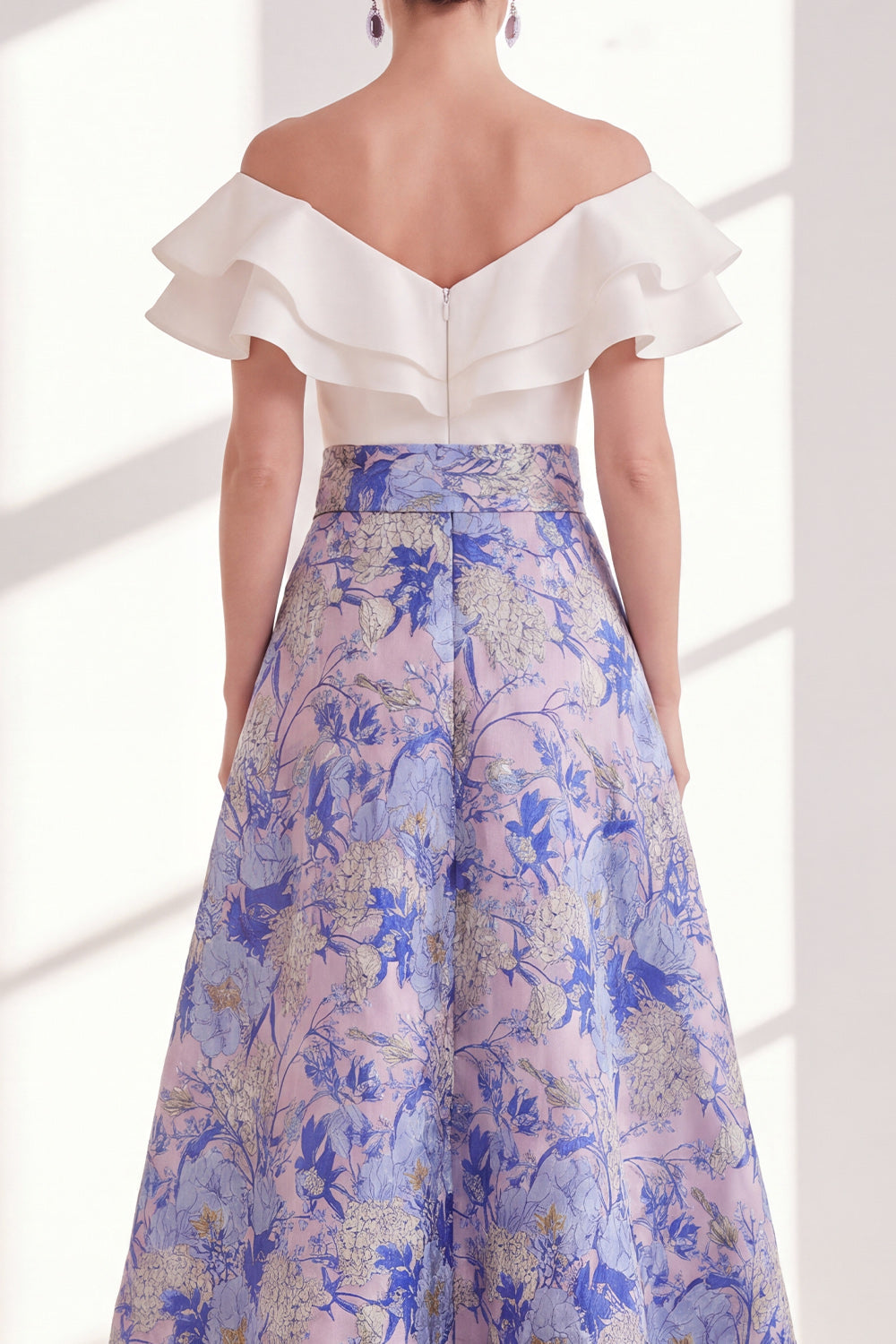 Off the Shoulder Ruffled Floral Purple A Line Mother of the Bride Dress