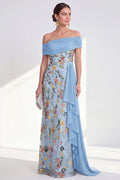 Off the Shoulder Floral Embroidered Blue Maxi Mother of the Bride Dress