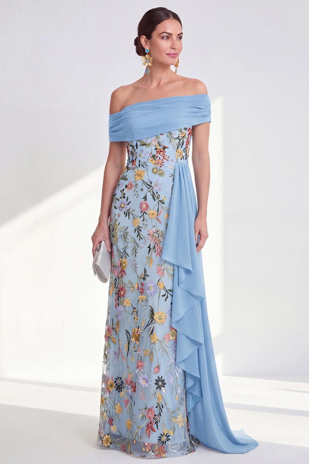 Off the Shoulder Floral Embroidered Blue Maxi Mother of the Bride Dress