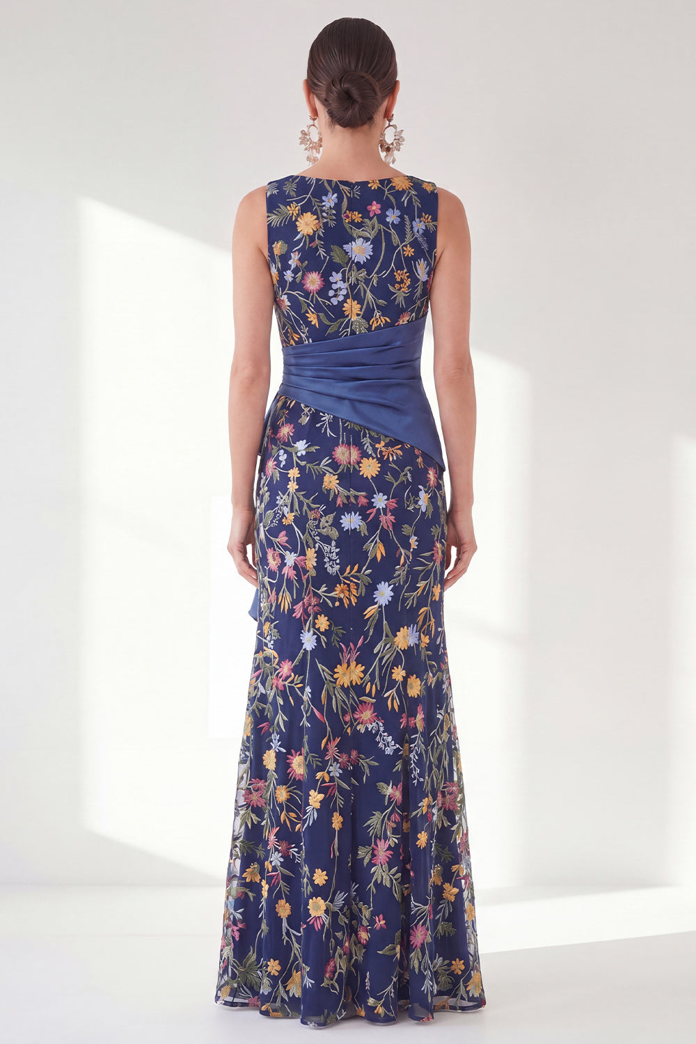 Navy Floral Embroidered Mermaid Ruched Mother of the Bride Dress