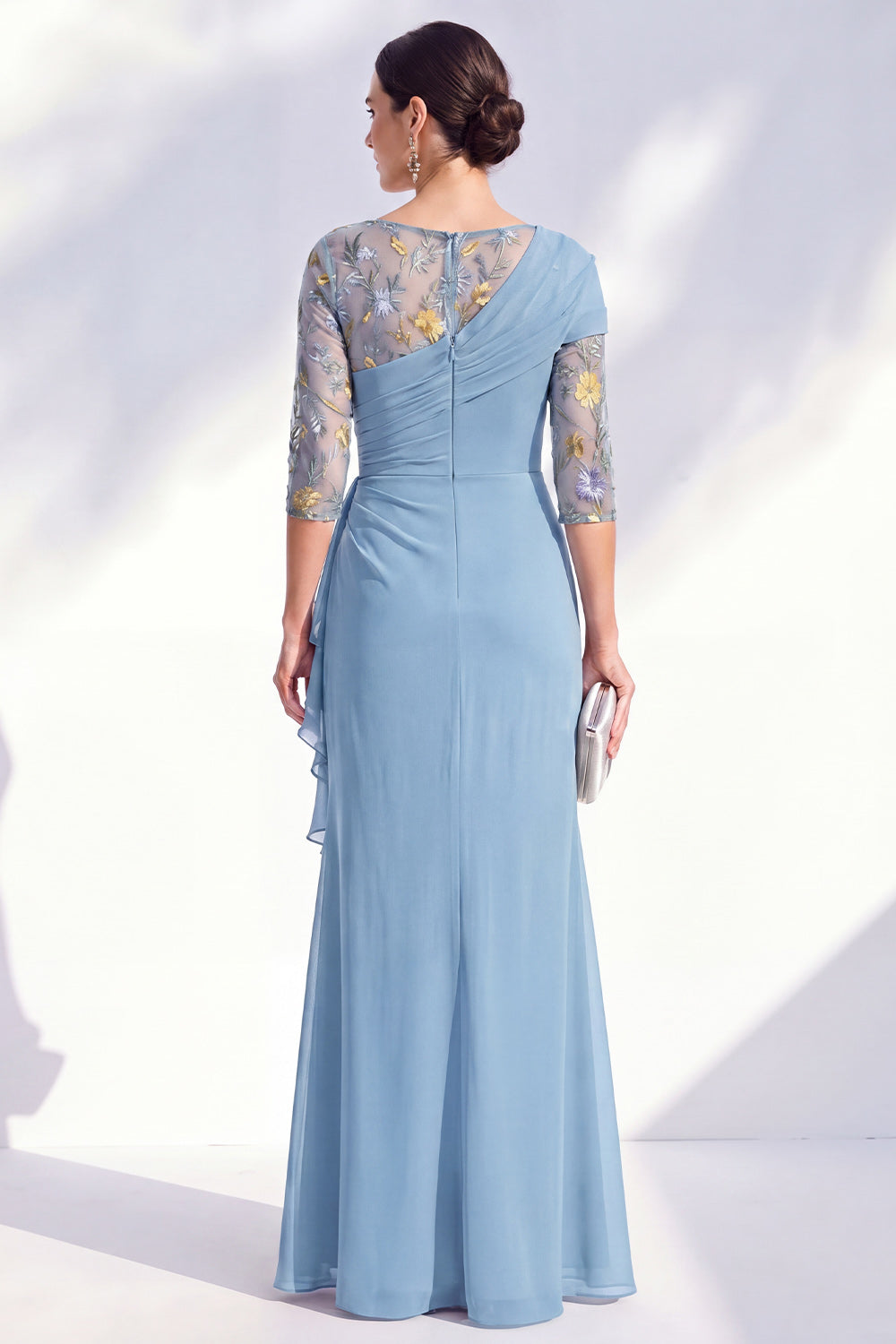 Mermaid Ruched Embroidered Blue Maxi Mother of the Bride Dress