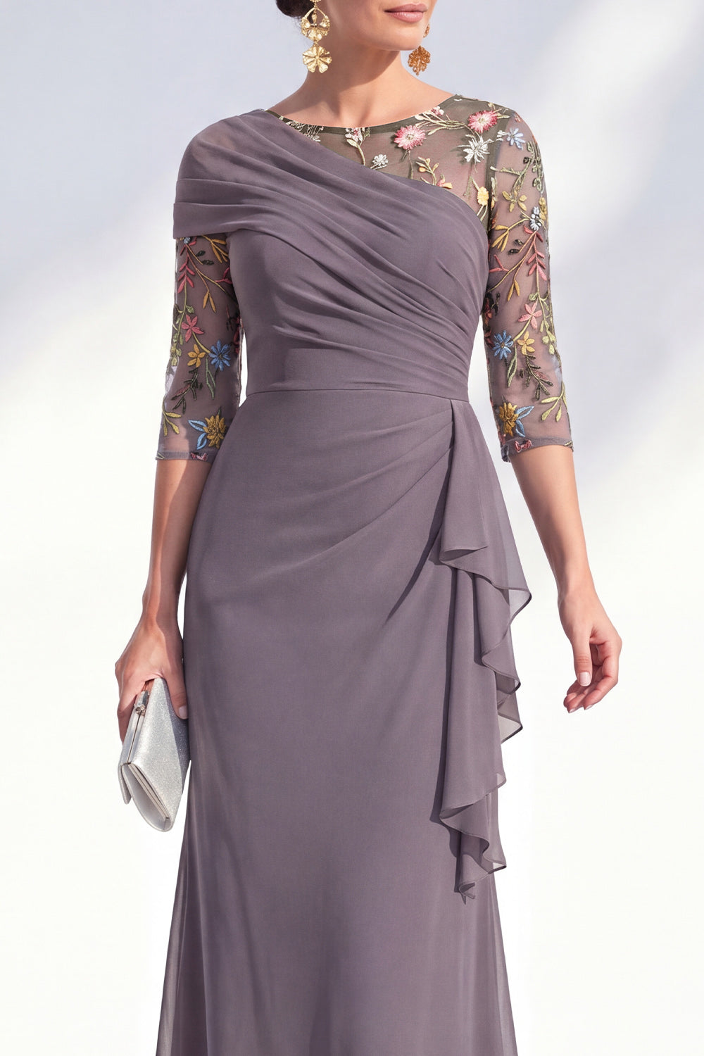 Mermaid Ruched Embroidered Blue Maxi Mother of the Bride Dress