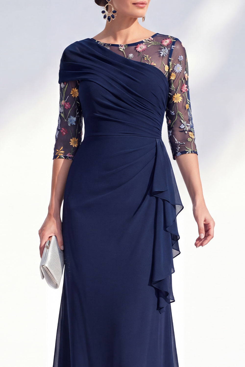 Mermaid Ruched Embroidered Blue Maxi Mother of the Bride Dress
