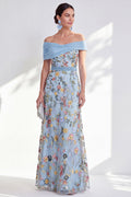 Off the Shoulder Ruched Embroidered Blue A Line Mother of the Bride Dress
