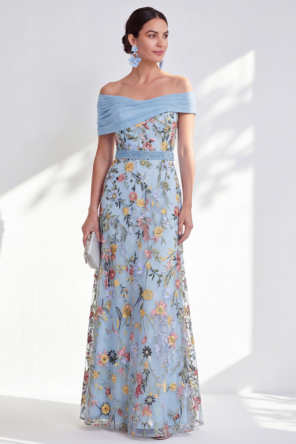 Off the Shoulder Ruched Embroidered Blue A Line Mother of the Bride Dress