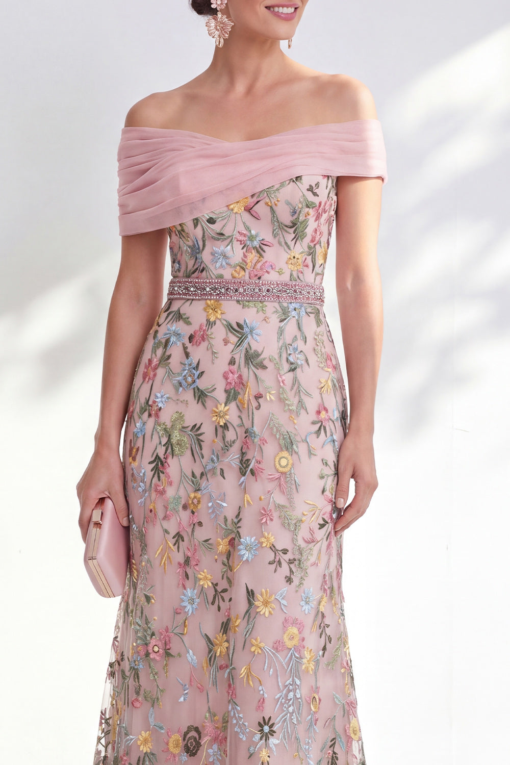 Off the Shoulder Ruched Embroidered Blue A Line Mother of the Bride Dress