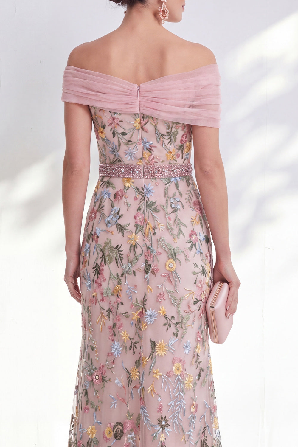 Off the Shoulder Ruched Embroidered Blue A Line Mother of the Bride Dress