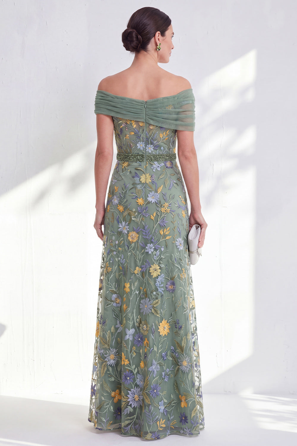 Off the Shoulder Ruched Embroidered Blue A Line Mother of the Bride Dress