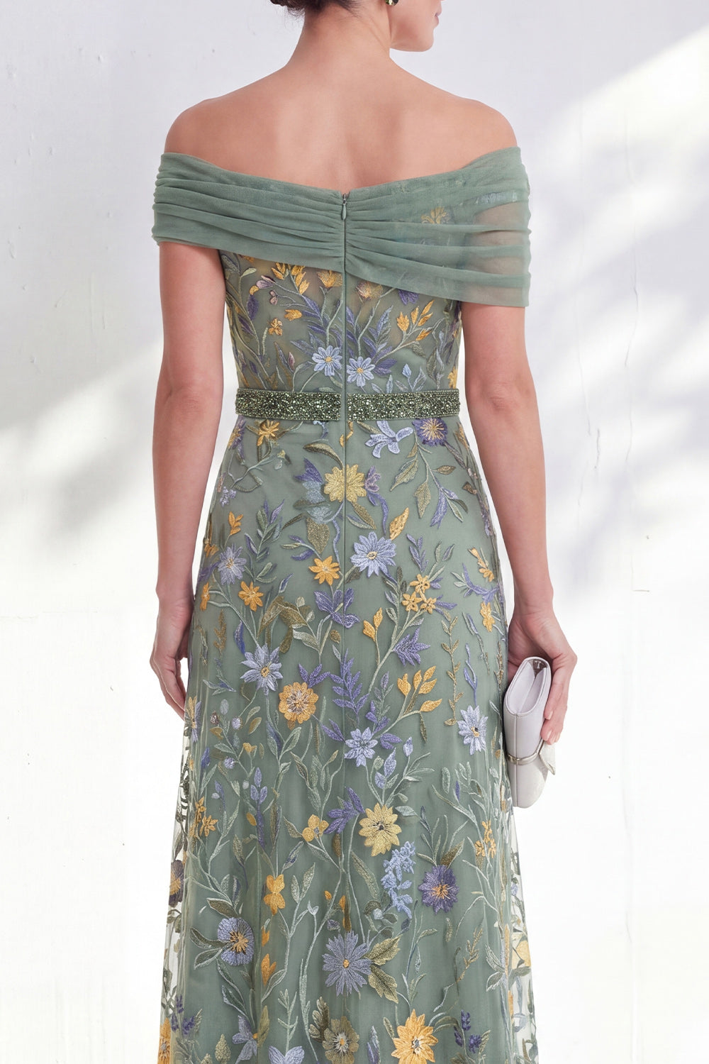 Off the Shoulder Ruched Embroidered Blue A Line Mother of the Bride Dress