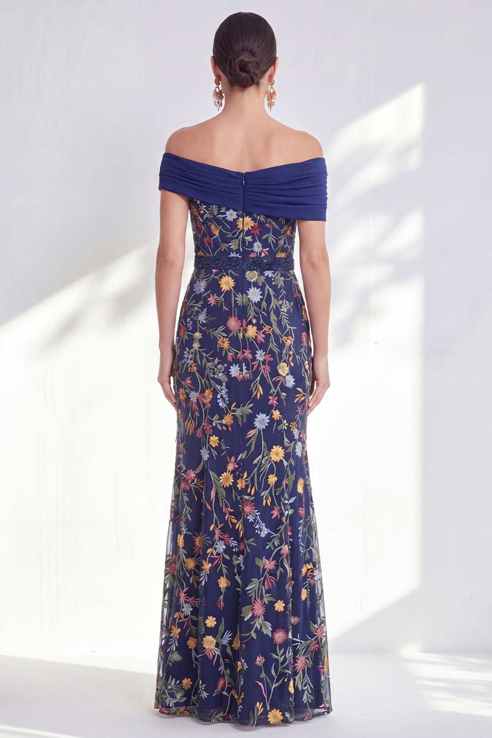Off the Shoulder Ruched Embroidered Blue A Line Mother of the Bride Dress