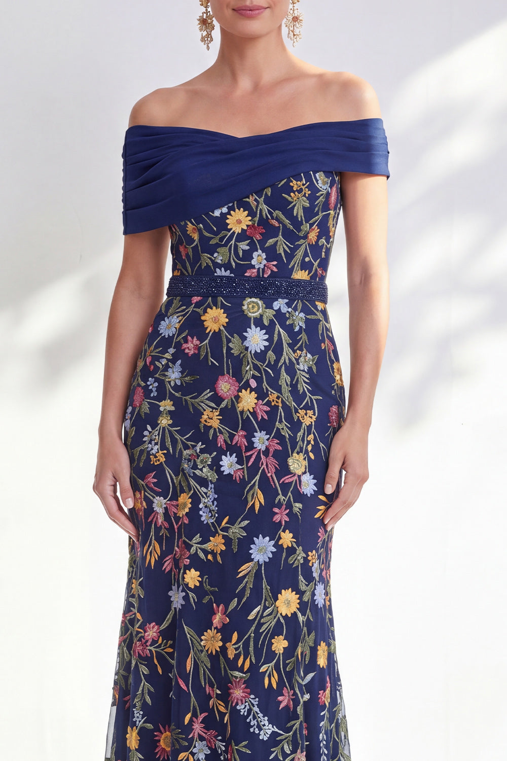 Off the Shoulder Ruched Embroidered Blue A Line Mother of the Bride Dress