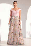 Off the Shoulder Ruched Floral Blush A Line Mother of the Bride Dress