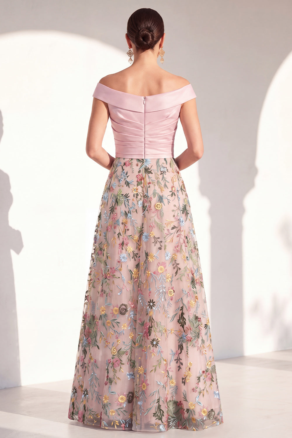 Off the Shoulder Ruched Floral Blush A Line Mother of the Bride Dress