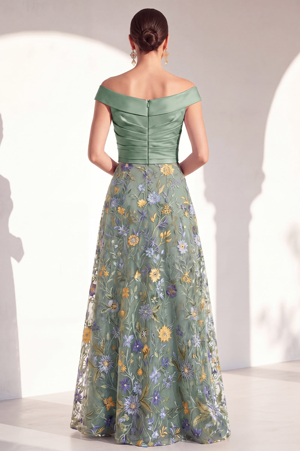 Off the Shoulder Ruched Floral Blush A Line Mother of the Bride Dress