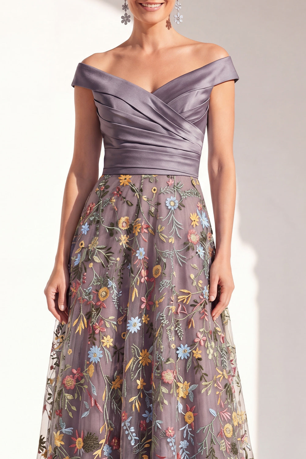 Off the Shoulder Ruched Floral Blush A Line Mother of the Bride Dress