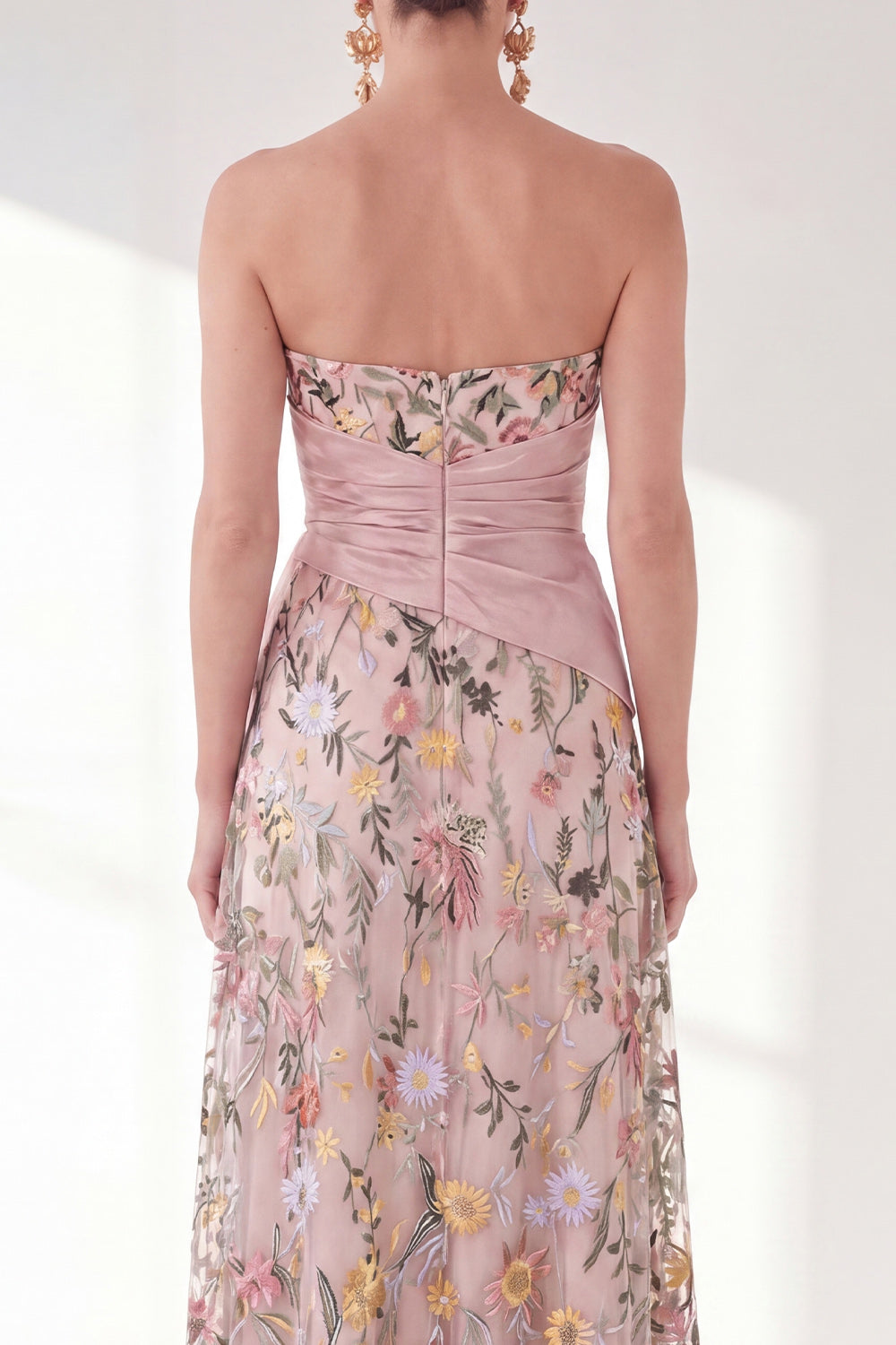 Strapless Blue Floral A Line Ruffled Maxi Mother of the Bride Dress