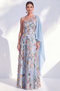 One Shoulder Blue Floral A Line Maxi Mother of the Bride Dress