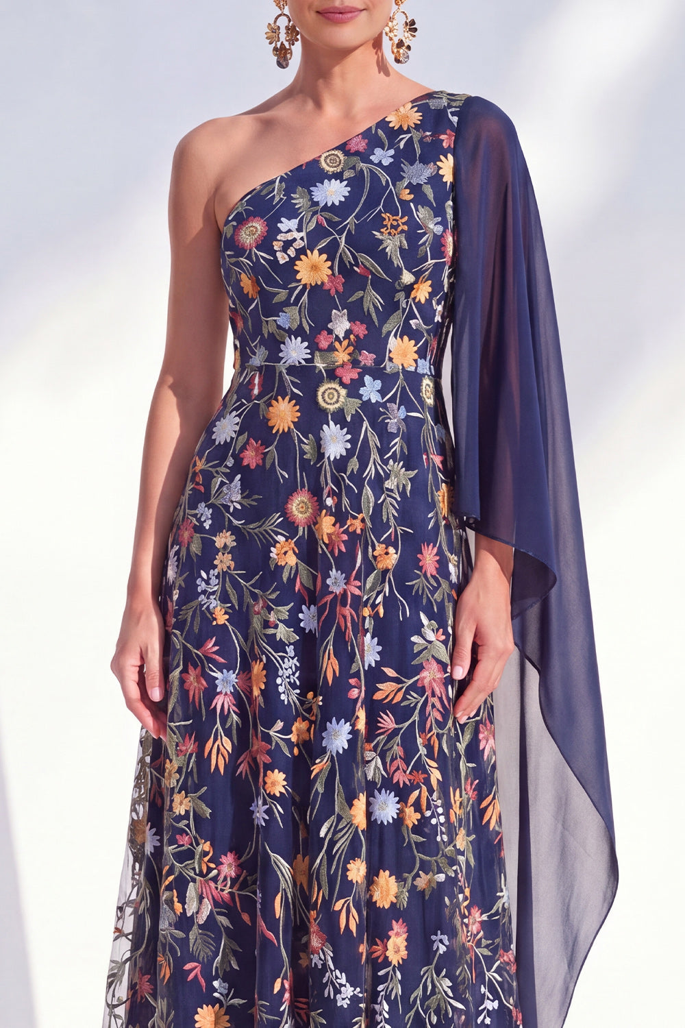 One Shoulder Blue Floral A Line Maxi Mother of the Bride Dress