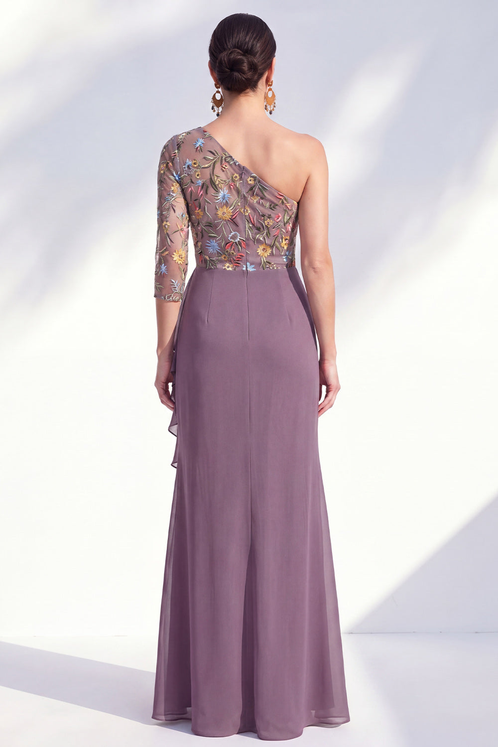 Mermaid Grey Purple One Shoulder Floral Ruffled Mother of the Bride Dress