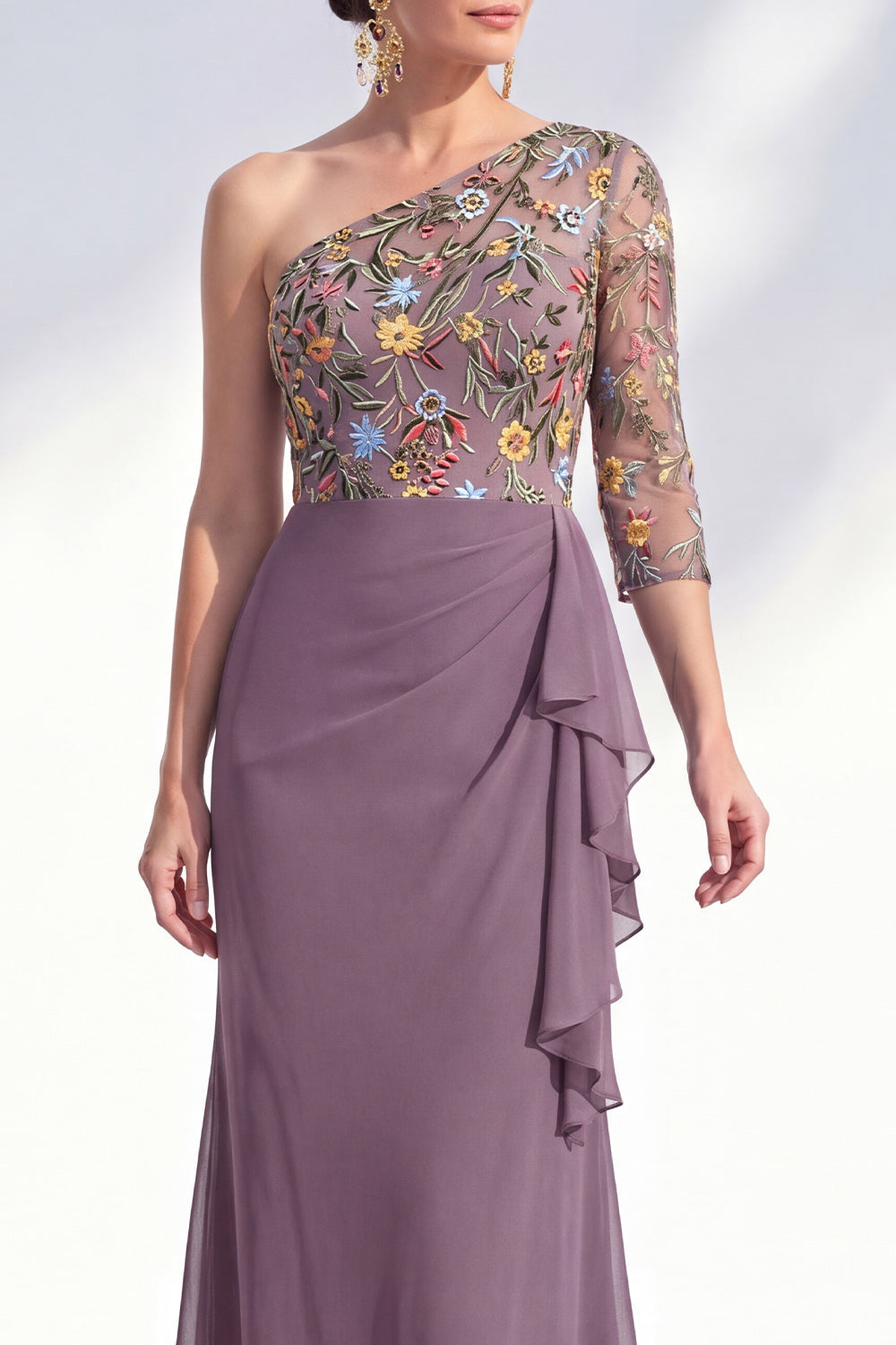 Mermaid Grey Purple One Shoulder Floral Ruffled Mother of the Bride Dress