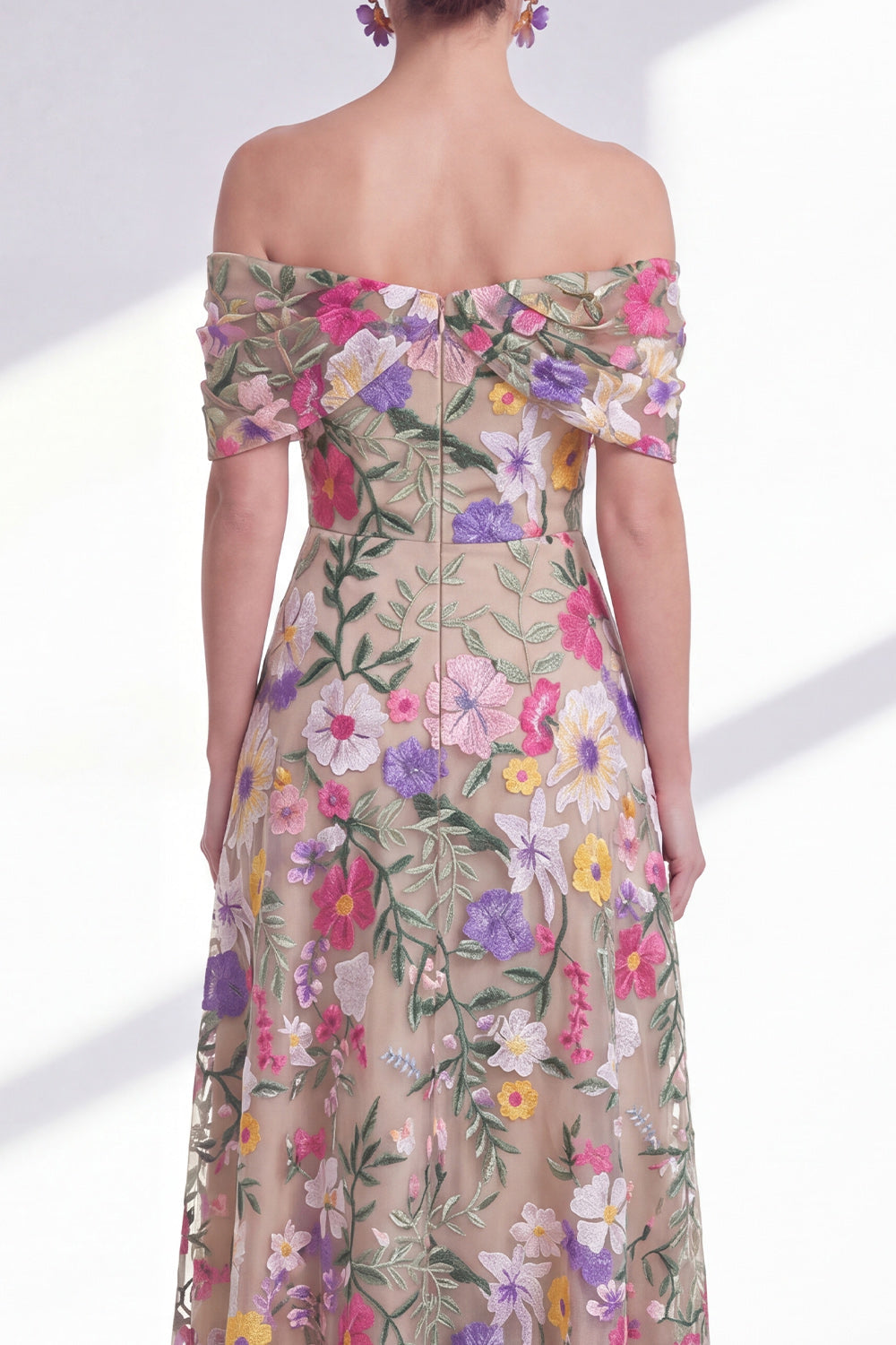 Off the Shoulder High Low Floral A Line Light Khaki Mother of the Bride Dress