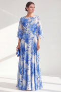 Blue Printed A Line Maxi Mother of the Bride Dress with 3/4 Sleeves
