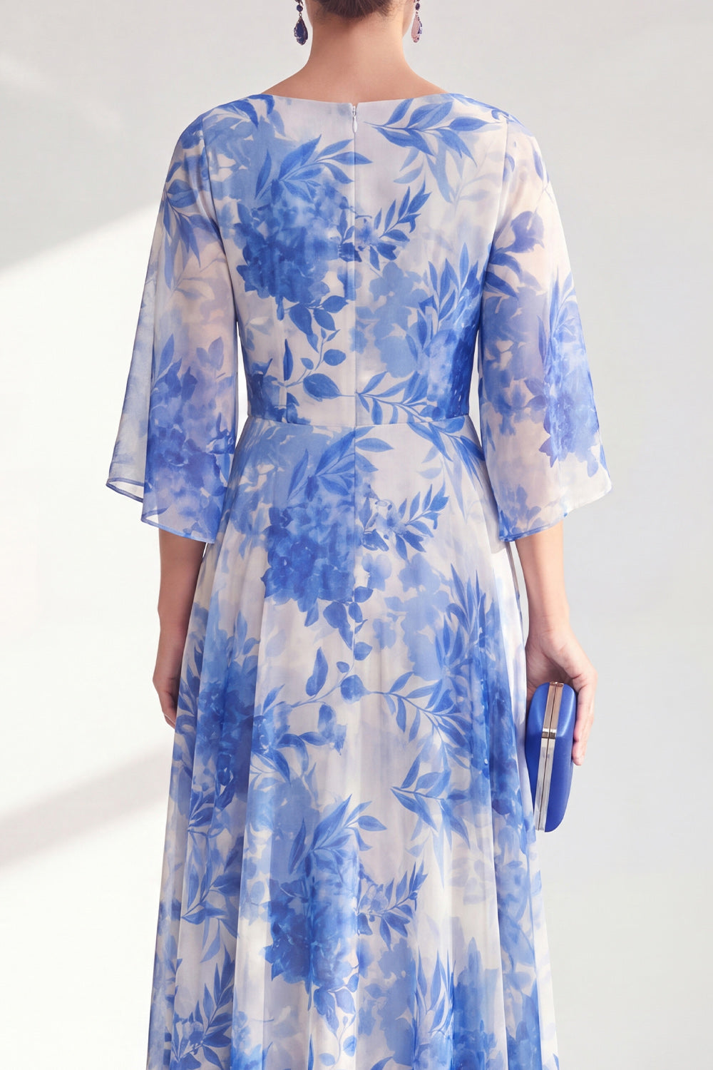 Blue Printed A Line Maxi Mother of the Bride Dress with 3/4 Sleeves