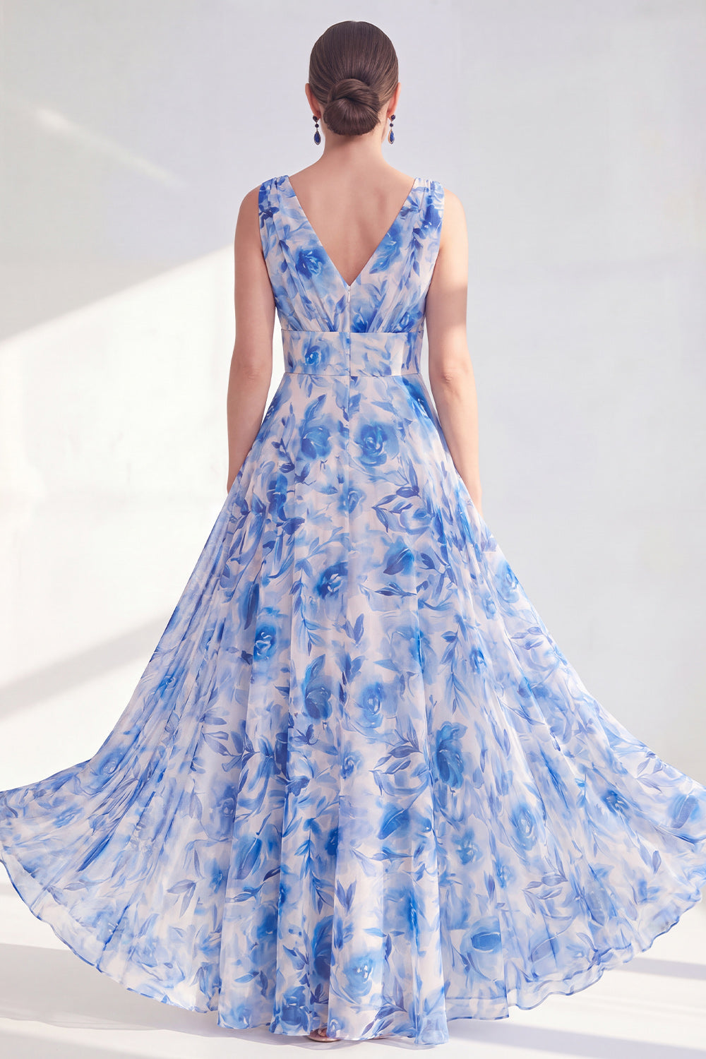 Blue Printed A Line V Neck Mother of the Bride Dress
