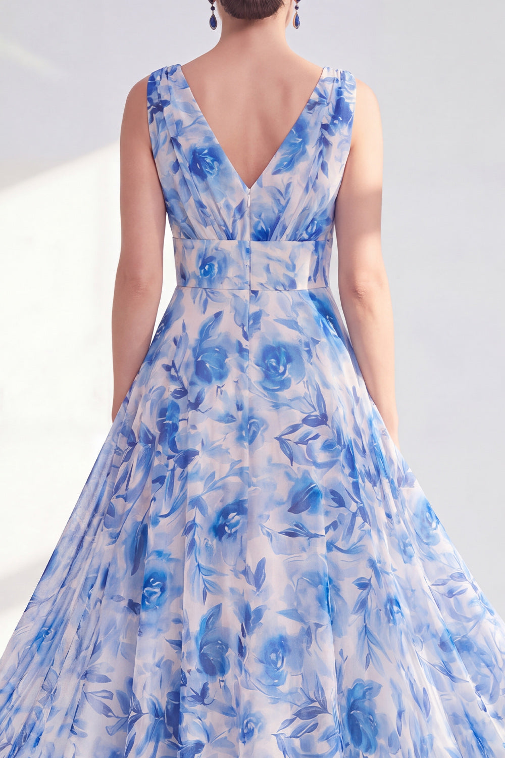 Blue Printed A Line V Neck Mother of the Bride Dress