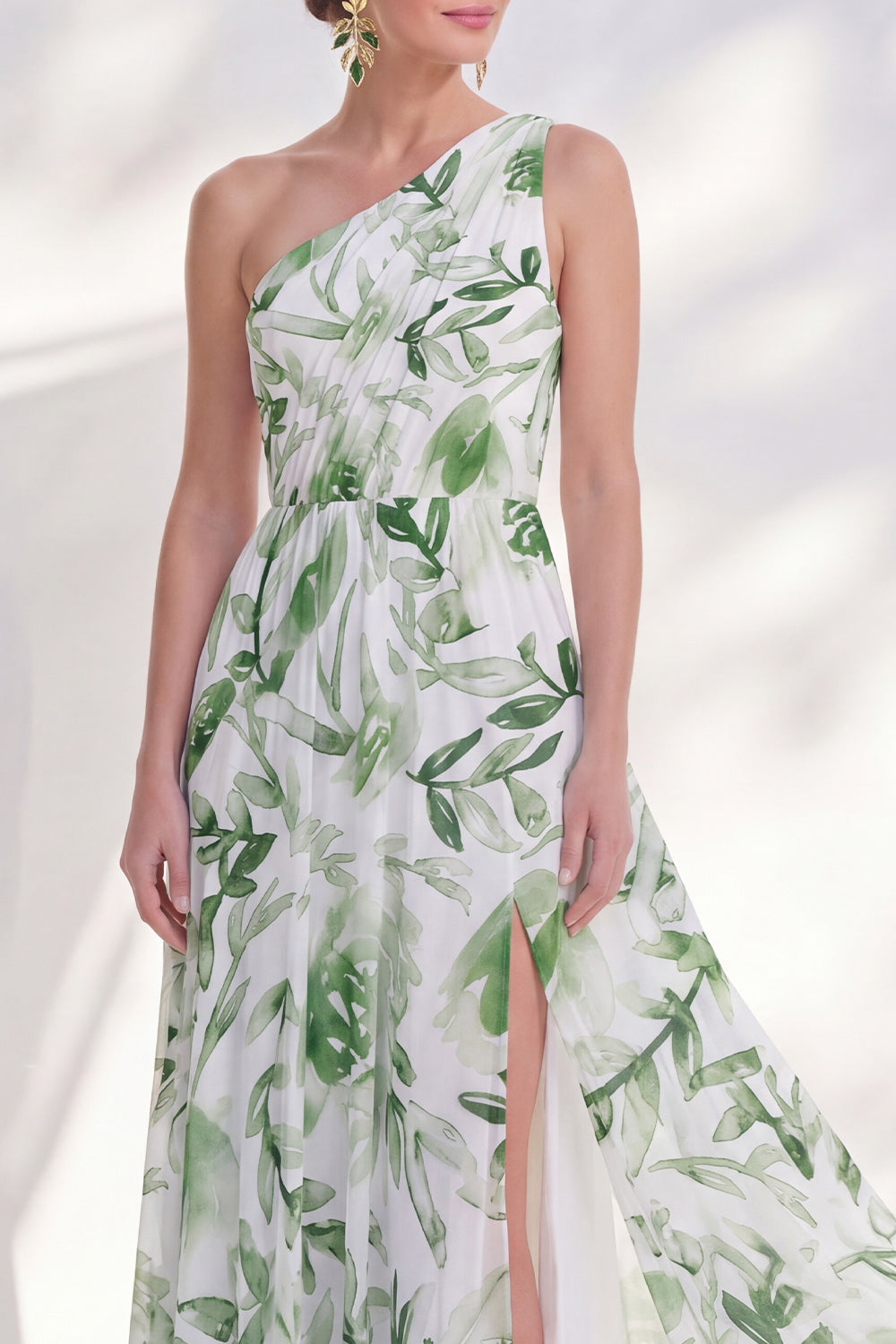 Green One Shoulder Printed Ruched A Line Mother of the Bride Dress